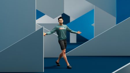 3D Animierter Mann mit kurzem schwarzen Haar und einem Pullover mit der Aufschrift Foxboxx springt durch ein virtuelles Studio. Er hat eine Kaffeetasse in der Hand. Entstanden ist das Bild mit der KNITTERFISCH Serviceproduktion -Serviceproduktion 3D Mocap System von XSense
