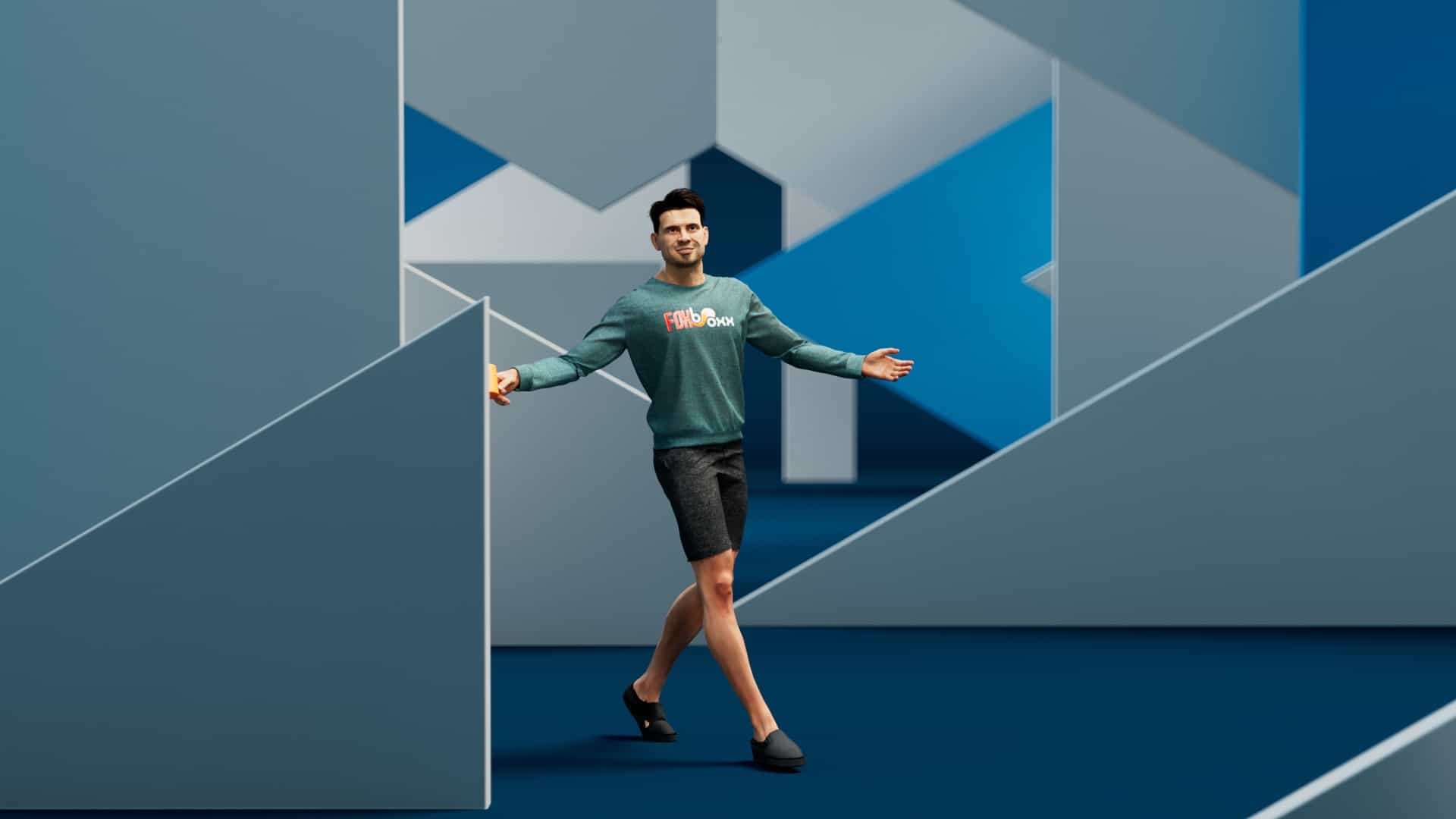 3D Animierter Mann mit kurzem schwarzen Haar und einem Pullover mit der Aufschrift Foxboxx springt durch ein virtuelles Studio. Er hat eine Kaffeetasse in der Hand. Entstanden ist das Bild mit der KNITTERFISCH Serviceproduktion -Serviceproduktion 3D Mocap System von XSense